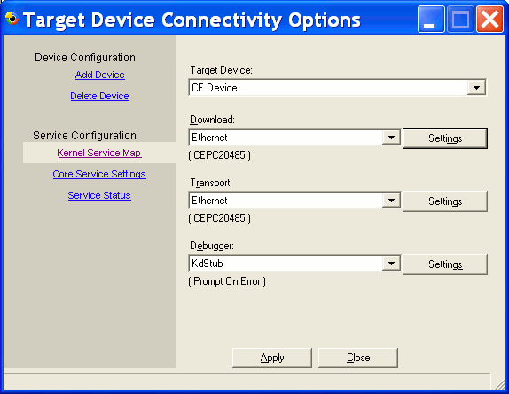 Настройка параметров соединения целевого устройства