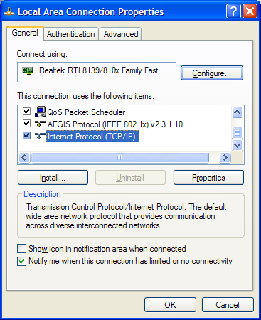 Окно свойств сетевого соединения по локальной сети