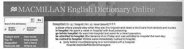 Entry for hospital the Macmillian English Dictionary Online