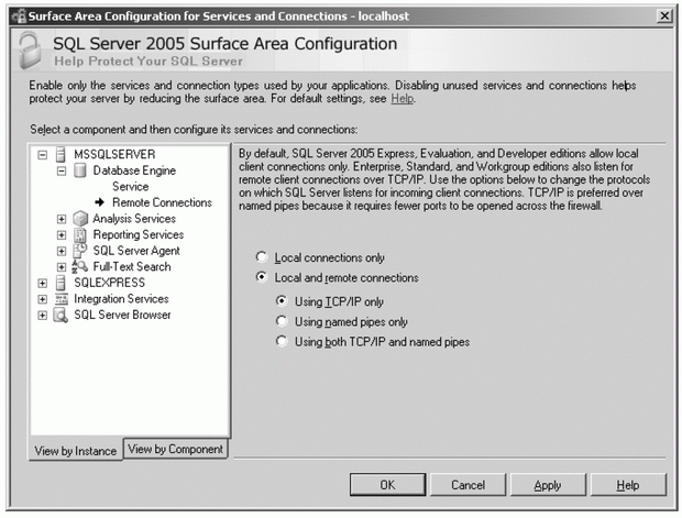 Инструмент Настройка контактной зоны SQL Server для служб и подключений