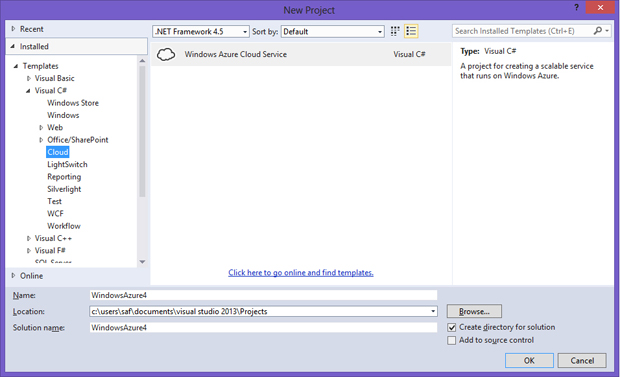 Облачные проекты Azure в Visual Studio 2013