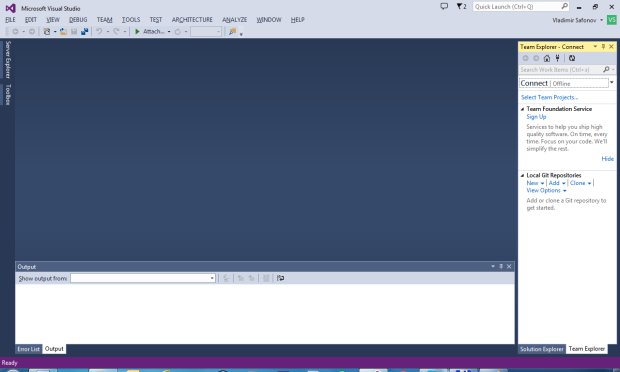 Выбор пункта меню View / Team Explorer для входа в Visual Studio Online