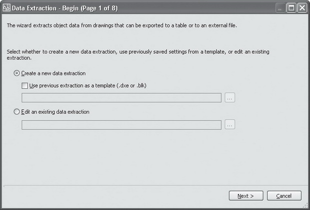 Первый шаг мастера Data Extraction (Извлечение данных) — Begin (Начало)