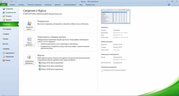 Вкладка (меню) Файл раздел Сведения