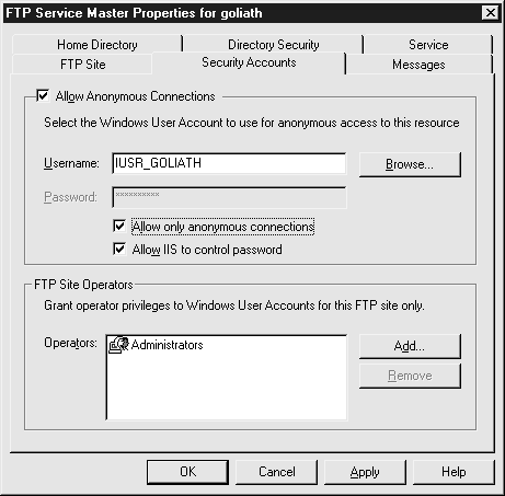 Включите анонимные подключения, чтобы разрешить общий доступ к FTP-сайту из интернета, но используйте для этого другую учетную запись
