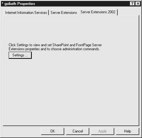 Компонент FrontPage 2002 Server Extensions добавляет собственную вкладку в окна главных свойств, свойств сайта и свойств виртуального каталога