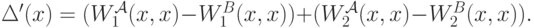 \Delta^\prime(x) = (W^{\mathcal A}_1(x,x) - W^B_1(x,x)) + (W^{\mathcal A}_2(x,x) - W^B_2(x,x)).