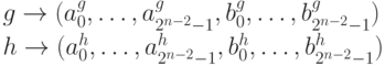 g \to (a_0^g, \dots, a_{2^{n-2}-1}^g, b_0^g, \dots, b_{2^{n-2}-1}^g)\\
h \to (a_0^h, \dots, a_{2^{n-2}-1}^h, b_0^h, \dots, b_{2^{n-2}-1}^h)