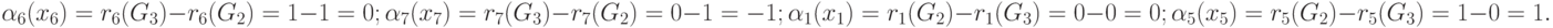 \alpha _{6}(x_{6}) = r_{6}(G_{3}) - r_{6}(G_{2}) = 1 - 1 = 0;\\
\alpha _{7}(x_{7}) = r_{7}(G_{3}) - r_{7}(G_{2}) = 0 - 1 = -1;\\
\alpha _{1}(x_{1}) = r_{1}(G_{2}) - r_{1}(G_{3}) = 0 - 0 = 0;\\
\alpha _{5}(x_{5}) = r_{5}(G_{2}) - r_{5}(G_{3}) = 1 - 0 = 1.