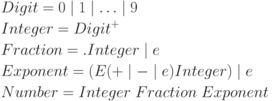 \begin{aligned}& Digit=0 \mid 1 \mid \ldots \mid 9 \\
& Integer=Digit^+\\
& Fraction=.Integer \mid e \\
& Exponent= (E(+ \mid - \mid e)Integer) \mid e \\
& Number = Integer \; Fraction \; Exponent
\end{aligned}
