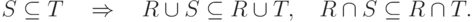 S \subseteq T\quad \Rightarrow \quad R \cup S \subseteq R
\cup T,\quad R \cap S \subseteq R \cap T
.