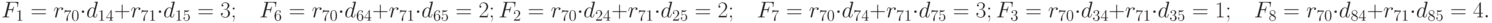 F_{1} = r_{70} \cdot d_{14} + r_{71} \cdot d_{15} = 3;\;\;\; F_{6} = r_{70} \cdot d_{64} + r_{71} \cdot d_{65} = 2;\\
F_{2} = r_{70} \cdot d_{24} + r_{71} \cdot d_{25} = 2;\;\;\; F_{7} = r_{70} \cdot d_{74} + r_{71} \cdot d_{75} = 3;\\
F_{3} = r_{70} \cdot d_{34} + r_{71} \cdot d_{35} = 1;\;\;\; F_{8} = r_{70} \cdot d_{84} + r_{71} \cdot d_{85} = 4.