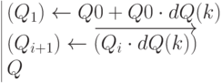 \begin{array}{|lc} (Q_1) \leftarrow Q0+Q0\cdot dQ(k) \\ (Q_{i+1}) \leftarrow \overrightarrow{(Q_i\cdot dQ(k))} \\ Q \end{array}