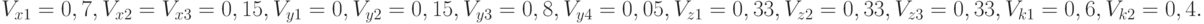 V_{x1} = 0,7, V_{x2} = V_{x3} = 0,15, V_{y1} = 0, V_{y2} = 0,15, V_{y3} = 0,8, V_{y4} = 0,05, V_{z1} = 0,33, V_{z2} = 0,33, V_{z3} = 0,33, V_{k1} = 0,6, V_{k2} = 0,4.