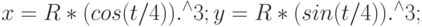 x = R*(cos(t/4)).^{\wedge} 3;\\
y = R*(sin(t/4)).^{\wedge} 3;