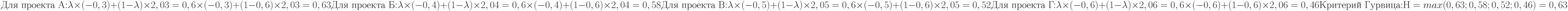 \text{Для проекта А:}\\
\lambda\times (-0,3)+(1-\lambda)\times 2,03= 0,6\times (-0,3)+(1-0,6) \times 2,03=0,63\\
\text{Для проекта Б:}\\
\lambda\times (-0,4)+(1-\lambda) \times 2,04= 0,6\times (-0,4)+(1-0,6) \times 2,04=0,58\\
\text{Для проекта В:}\\
\lambda\times (-0,5)+(1-\lambda)\times 2,05= 0,6\times (-0,5)+(1-0,6) \times 2,05=0,52\\
\text{Для проекта Г:}\\
\lambda\times (-0,6)+(1-\lambda)\times 2,06= 0,6\times (-0,6)+(1-0,6) \times 2,06=0,46\\
\text{Критерий Гурвица:}\\
Н=max(0,63; 0,58; 0,52; 0,46)=0,63\\
