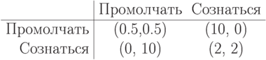 \begin{center}
\begin{tabular}{r|cc}
& Промолчать & Сознаться \\ \hline
Промолчать & (0.5,0.5) & (10, 0) \\
Сознаться & (0, 10) & (2, 2)
\end{tabular}
\end{center}