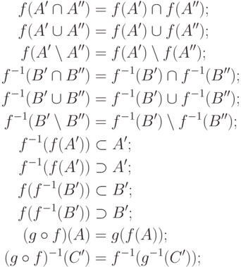 \begin{align*}
f(A' \cap A'') &= f(A') \cap f(A'');\\
f(A' \cup A'') &= f(A') \cup f(A'');\\
f(A' \setminus A'') &= f(A') \setminus f(A'');\\
f^{-1}(B' \cap B'') &= f^{-1}(B') \cap f^{-1}(B'');\\
f^{-1}(B' \cup B'') &= f^{-1}(B') \cup f^{-1}(B'');\\
f^{-1}(B' \setminus B'') &= f^{-1}(B') \setminus f^{-1}(B'');\\
f^{-1}(f(A'))&\subset A';\\
f^{-1}(f(A'))&\supset A';\\
f(f^{-1}(B') )&\subset B';\\
f(f^{-1}(B') )&\supset B';\\
(g\circ  f)(A)&=g(f(A));\\
(g\circ f)^{-1}(C')&= f^{-1}(g^{-1}(C'));
%(g\circ f)^{-1}(C')&= g^{-1}(f^{-1}(C')).
        \end{align*}