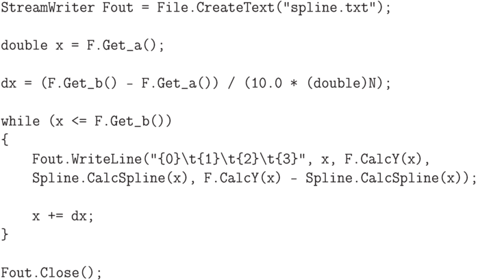 \begin{verbatim}
StreamWriter Fout = File.CreateText("spline.txt");
double x = F.Get_a();
dx = (F.Get_b() - F.Get_a()) / (10.0 * (double)N);
while (x <= F.Get_b())
{
Fout.WriteLine("{0}\t{1}\t{2}\t{3}", x, F.CalcY(x),
Spline.CalcSpline(x), F.CalcY(x) - Spline.CalcSpline(x));
x += dx;
}
Fout.Close();
\end{verbatim}