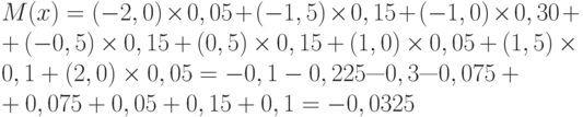 M (x) = (-2,0) \times 0,05 + (-1,5) \times 0,15 + (-1,0) \times 0,30 + \\+(-0,5) \times 0,15 + (0,5) \times 0,15 + (1,0) \times 0,05 + (1,5) \times \\0,1 + (2,0) \times 0,05 = -0,1 - 0,225 — 0,3 — 0,075 + \\+0,075 + 0,05 + 0,15 + 0,1 = -0,0325
