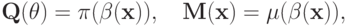 \mathbf Q(\mathbf\theta) = \pi(\mathbf\beta(\mathbf x)),\quad \mathbf M(\mathbf x) = \mu(\mathbf\beta(\mathbf x)),