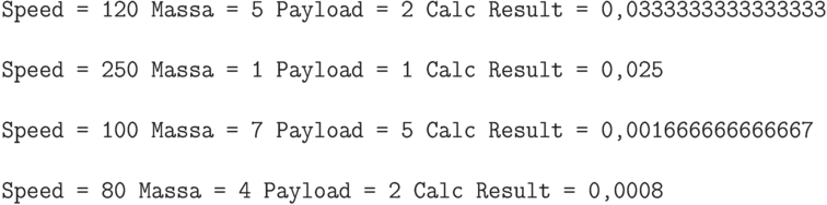 \begin{verbatim}
Speed = 120 Massa = 5 Payload = 2 Calc Result = 0,0333333333333333

Speed = 250 Massa = 1 Payload = 1 Calc Result = 0,025

Speed = 100 Massa = 7 Payload = 5 Calc Result = 0,001666666666667

Speed = 80 Massa = 4 Payload = 2 Calc Result = 0,0008
\end{verbatim}