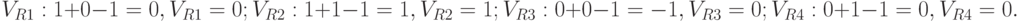 V_{R1}: 1 + 0 - 1 = 0, V_{R1} = 0;\\
V_{R2}: 1 + 1 - 1 = 1, V_{R2} = 1;\\
V_{R3}: 0 + 0 - 1 = -1, V_{R3} = 0;\\
V_{R4}: 0 + 1 - 1 = 0, V_{R4} = 0.