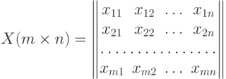 X(m\times n) =
\begin{Vmatrix}
x_{11} & x_{12} & \dotsc & x_{1n} \cr
x_{21} & x_{22} & \dotsc & x_{2n} \cr
\hdotsfor{4} \cr
x_{m1} & x_{m2} & \dotsc & x_{mn} \cr
\end{Vmatrix}