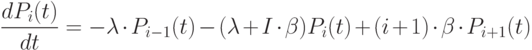 \frac{dP_i(t)}{dt}=-\lambda \cdot P_{i-1}(t)-(\lambda + I \cdot \beta)P_i(t)+(i+1)\cdot \beta \cdot P_{i+1}(t)