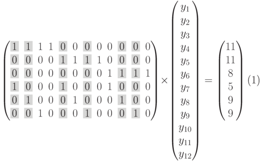 \begin{equation}
\setcounter{MaxMatrixCols}{20}
\begin{pmatrix}
\colorbox[gray]{0.8}1 & \colorbox[gray]{0.8}1 &1 & 1 & \colorbox[gray]{0.8}0 & 0 & \colorbox[gray]{0.8}0 & 0 & 0 & \colorbox[gray]{0.8}0 & \colorbox[gray]{0.8}0 & 0\\
\colorbox[gray]{0.8}0 & \colorbox[gray]{0.8}0 &0 & 0 & \colorbox[gray]{0.8}1 & 1 & \colorbox[gray]{0.8}1 & 1 & 0 & \colorbox[gray]{0.8}0 & \colorbox[gray]{0.8}0 & 0\\
\colorbox[gray]{0.8}0 & \colorbox[gray]{0.8}0 &0 & 0 & \colorbox[gray]{0.8}0 & 0 & \colorbox[gray]{0.8}0 & 0 & 1 & \colorbox[gray]{0.8}1 & \colorbox[gray]{0.8}1 & 1\\
\colorbox[gray]{0.8}1 & \colorbox[gray]{0.8}0 &0 & 0 & \colorbox[gray]{0.8}1 & 0 & \colorbox[gray]{0.8}0 & 0 & 1 & \colorbox[gray]{0.8}0 & \colorbox[gray]{0.8}0 & 0\\
\colorbox[gray]{0.8}0 & \colorbox[gray]{0.8}1 &0 & 0 & \colorbox[gray]{0.8}0 & 1 & \colorbox[gray]{0.8}0 & 0 & 0 & \colorbox[gray]{0.8}1 & \colorbox[gray]{0.8}0 & 0\\
\colorbox[gray]{0.8}0 & \colorbox[gray]{0.8}0 &1 & 0 & \colorbox[gray]{0.8}0 & 0 & \colorbox[gray]{0.8}1 & 0 & 0 & \colorbox[gray]{0.8}0 & \colorbox[gray]{0.8}1 & 0\\
\end{pmatrix}
\times
\begin{pmatrix}
y_{1}\\
y_{2}\\
y_{3}\\
y_{4}\\
y_{5}\\
y_{6}\\
y_{7}\\
y_{8}\\
y_{9}\\
y_{10}\\
y_{11}\\
y_{12}\\
\end{pmatrix}
=\begin{pmatrix}
11\\
11\\
8\\
5\\
9\\
9
\end{pmatrix}
\end{equation}