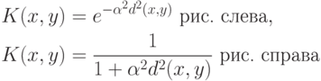 \begin{aligned}
&K(x,y)=e^{-\alpha^2d^2(x,y)}\text{ рис. слева}, \\
&K(x,y)=\frac{1}{1+\alpha^2d^2(x,y)}\text{ рис. справа}
\end{aligned}