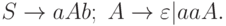 S \to aAb;\ A \to \varepsilon |aaA.