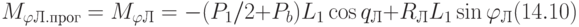 M_{\varphi Л.прог}=M_{\varphi Л}=-(P_{1}/2+P_{b})L_{1}\cos q_{Л}+R_{Л}L_{1}\sin \varphi _{Л} (14.10)