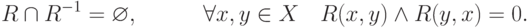 R \cap R^{ - 1} = \varnothing ,\quad \quad \quad \forall
x,y \in X\quad R(x,y) \wedge R(y,x) = 0
.
