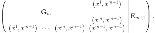 \left( {\left. {\begin{array}{*{20}c}
& & & {\left( {x^1 ,x^{m + 1} } \right)} \\
& {{\bf{G}}_m } & & \vdots \\
& & & {\left( {x^m ,x^{m + 1} } \right)} \\
{\left( {x^1 ,x^{m + 1} } \right)} & \cdots & {\left( {x^m ,x^{m + 1} } \right)} & {\left( {x^{m + 1} ,x^{m + 1} } \right)} \\
\end{array}} \right|{\bf{E}}_{m + 1} } \right)
.