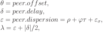 \theta = peer.offset,
\\
\delta = peer.delay,
\\
\varepsilon = peer.dispersion = \rho + \varphi \tau + \varepsilon _{\sigma },
\\
\lambda = \varepsilon + |\delta |/2,