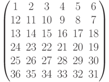 \left(\begin{matrix}
1&2&3&4&5&6\\
12&11&10&9&8&7\\
13&14&15&16&17&18\\
24&23&22&21&20&19\\
25&26&27&28&29&30\\
36&35&34&33&32&31
\end{matrix}\right)