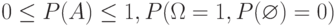 0 \leq P(A) \leq 1, P(\Omega=1, P(\varnothing)=0)