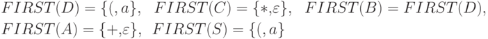 \begin{align*}
&{FIRST (D) = {\{}(, a{\}},
\ \
FIRST (C) = {\{}*, }\varepsilon { {\}},
\ \
FIRST (B) = FIRST (D),
\\
&FIRST (A)={\{}+, }\varepsilon { {\}}, }
\ \
{FIRST (S) = {\{}(, a{\}}}
\end{align*}