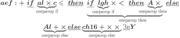 \text{\boldmath{\begin{gathered}
a e f : + \; \underline{if}\; \underbrace{a l \times c}_{\hbox to
0pt{\footnotesize\hss\text{оператор \underline\itshape
if}\hss}}
\le \;\underline{then}
\;\underbrace{\underline{if}\; \underbrace{l g h}_{\hbox to
0pt{\footnotesize\hss
\text{оператор \underline\itshape
if}\hss}} \times < \; \underline{then}\; \underbrace{A
\times{}}_{\hbox to 0pt{\footnotesize\hss\text{оператор \underline\itshape
then}}}}_{\hbox to 0pt{\footnotesize\hss\text{оператор
\underline\itshape
then}}}
\;\underline{else}\\
\underbrace{A l + \times{}}_{\hbox to 0pt{\footnotesize\hss\text{оператор
\underline\itshape
else}\hss}} \underline{else} \underbrace{c h 16 +\times
\times{}}_{\hbox to 0pt{\footnotesize\hss\text{оператор \underline\itshape
else}\hss}} \underline{\text{Зп}}Y
\end{gathered}}}