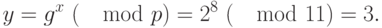 y = {g}^{x} ~(\mod p) = {2}^{8} ~(\mod 11) = 3.