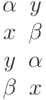 \begin{array}{cc} \alpha & y\\ x &  \beta \\ y &  \alpha \\ \beta  & x\\ \end{array}