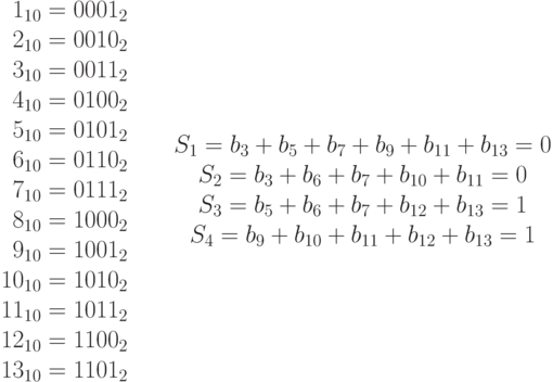\matrix{\hfill1_{10}=0001_2\cr
\hfill2_{10}=0010_2\cr
\hfill3_{10}=0011_2\cr
\hfill4_{10}=0100_2\cr
\hfill5_{10}=0101_2\cr
\hfill6_{10}=0110_2\cr
\hfill7_{10}=0111_2\cr
\hfill8_{10}=1000_2\cr
\hfill9_{10}=1001_2\cr
\hfill10_{10}=1010_2\cr
\hfill11_{10}=1011_2\cr
\hfill12_{10}=1100_2\cr
\hfill13_{10}=1101_2\cr}\qquad
\matrix{S_1=b_3+b_5+b_7+b_9+b_{11}+b_{13}=0\hfill\cr
S_2=b_3+b_6+b_7+b_{10}+b_{11}=0\hfill\cr
S_3=b_5+b_6+b_7+b_{12}+b_{13}=1\hfill\cr
S_4=b_9+b_{10}+b_{11}+b_{12}+b_{13}=1\hfill\cr}