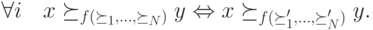 \forall i\quad x \succeq_{f(\succeq_1,\ldots,\succeq_N)} y \Leftrightarrow x\succeq_{f(\succeq^\prime_1,\ldots,\succeq^\prime_N)} y.