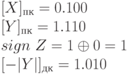\lbrack X \rbrack_{пк} = 0.100\\
\lbrack Y \rbrack_{пк} = 1.110\\
sign\ Z = 1 \oplus 0 = 1\\
\lbrack-|Y| \rbrack_{дк} = 1.010