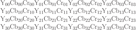 \begin{array}{l} {\rm Y}_{{\rm 00}} {\rm Cb}_{{\rm 00}} {\rm Cr}_{{\rm 00}} {\rm Y}_{{\rm 01}} {\rm Cb}_{{\rm 01}} {\rm Cr}_{{\rm 01}} {\rm Y}_{{\rm 02}} {\rm Cb}_{{\rm 02}} {\rm Cr}_{{\rm 02}} {\rm Y}_{{\rm 03}} {\rm Cb}_{{\rm 03}} {\rm Cr}_{{\rm 03}} \\ {\rm Y}_{{\rm 10}} {\rm Cb}_{{\rm 10}} {\rm Cr}_{{\rm 10}} {\rm Y}_{{\rm 11}} {\rm Cb}_{{\rm 11}} {\rm Cr}_{{\rm 11}} {\rm Y}_{{\rm 12}} {\rm Cb}_{{\rm 12}} {\rm Cr}_{{\rm 12}} {\rm Y}_{{\rm 13}} {\rm Cb}_{{\rm 13}} {\rm Cr}_{{\rm 13}} \\ {\rm Y}_{{\rm 20}} {\rm Cb}_{{\rm 20}} {\rm Cr}_{{\rm 20}} {\rm Y}_{{\rm 21}} {\rm Cb}_{{\rm 21}} {\rm Cr}_{{\rm 21}} {\rm Y}_{{\rm 22}} {\rm Cb}_{{\rm 22}} {\rm Cr}_{{\rm 22}} {\rm Y}_{{\rm 23}} {\rm Cb}_{{\rm 23}} {\rm Cr}_{{\rm 23}} \\ {\rm Y}_{{\rm 30}} {\rm Cb}_{{\rm 30}} {\rm Cr}_{{\rm 30}} {\rm Y}_{{\rm 31}} {\rm Cb}_{{\rm 31}} {\rm Cr}_{{\rm 31}} {\rm Y}_{{\rm 32}} {\rm Cb}_{{\rm 32}} {\rm Cr}_{{\rm 32}} {\rm Y}_{{\rm 33}} {\rm Cb}_{{\rm 33}} {\rm Cr}_{{\rm 33}} \\ \end{array}