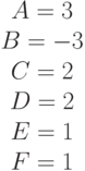 \begin{matrix}A= 3\\B= -3\\C= 2\\D= 2\\E= 1\\F=1 \end{matrix}
