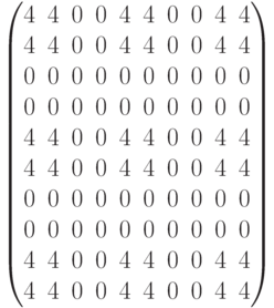 \begin{pmatrix} 4 & 4 & 0 & 0 & 4 & 4 & 0 & 0 & 4 & 4 \\ 4 & 4 & 0 & 0 & 4 & 4 & 0 & 0 & 4 & 4 \\ 0 & 0 & 0 & 0 & 0 & 0 & 0 & 0 & 0 & 0 \\ 0 & 0 & 0 & 0 & 0 & 0 & 0 & 0 & 0 & 0 \\ 4 & 4 & 0 & 0 & 4 & 4 & 0 & 0 & 4 & 4 \\ 4 & 4 & 0 & 0 & 4 & 4 & 0 & 0 & 4 & 4 \\0 & 0 & 0 & 0 & 0 & 0 & 0 & 0 & 0 & 0 \\0 & 0 & 0 & 0 & 0 & 0 & 0 & 0 & 0 & 0 \\ 4 & 4 & 0 & 0 & 4 & 4 & 0 & 0 & 4 & 4 \\ 4 & 4 & 0 & 0 & 4 & 4 & 0 & 0 & 4 & 4 \\ \end{pmatrix}