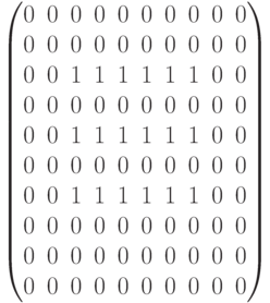 \begin{pmatrix} 0 & 0 & 0 & 0 & 0 & 0 & 0 & 0 & 0 & 0 \\ 0 & 0 & 0 & 0 & 0 & 0 & 0 & 0 & 0 & 0 \\ 0 & 0 & 1 & 1 & 1 & 1 & 1 & 1 & 0 & 0 \\ 0 & 0 & 0 & 0 & 0 & 0 & 0 & 0 & 0 & 0 \\ 0 & 0 & 1 & 1 & 1 & 1 & 1 & 1 & 0 & 0 \\ 0 & 0 & 0 & 0 & 0 & 0 & 0 & 0 & 0 & 0 \\ 0 & 0 & 1 & 1 & 1 & 1 & 1 & 1 & 0 & 0 \\ 0 & 0 & 0 & 0 & 0 & 0 & 0 & 0 & 0 & 0 \\ 0 & 0 & 0 & 0 & 0 & 0 & 0 & 0 & 0 & 0 \\ 0 & 0 & 0 & 0 & 0 & 0 & 0 & 0 & 0 & 0 \\ \end{pmatrix}