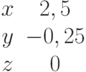 \begin{matrix}x&2,5\\y&-0,25\\z&0\end{matrix}